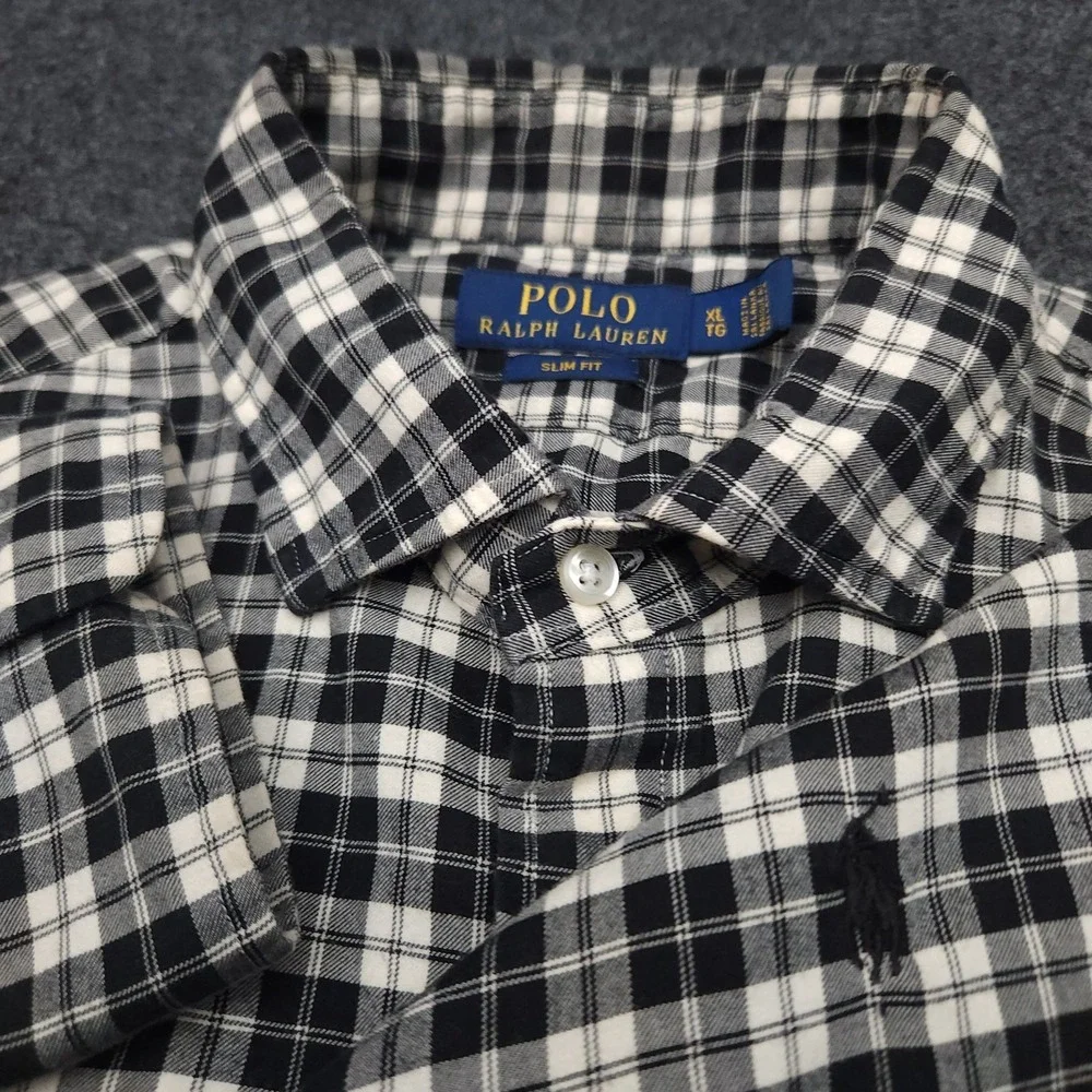 Polo Ralph Lauren Mens XL White Black‎ Plaid Slim Fit Button Up Shirt